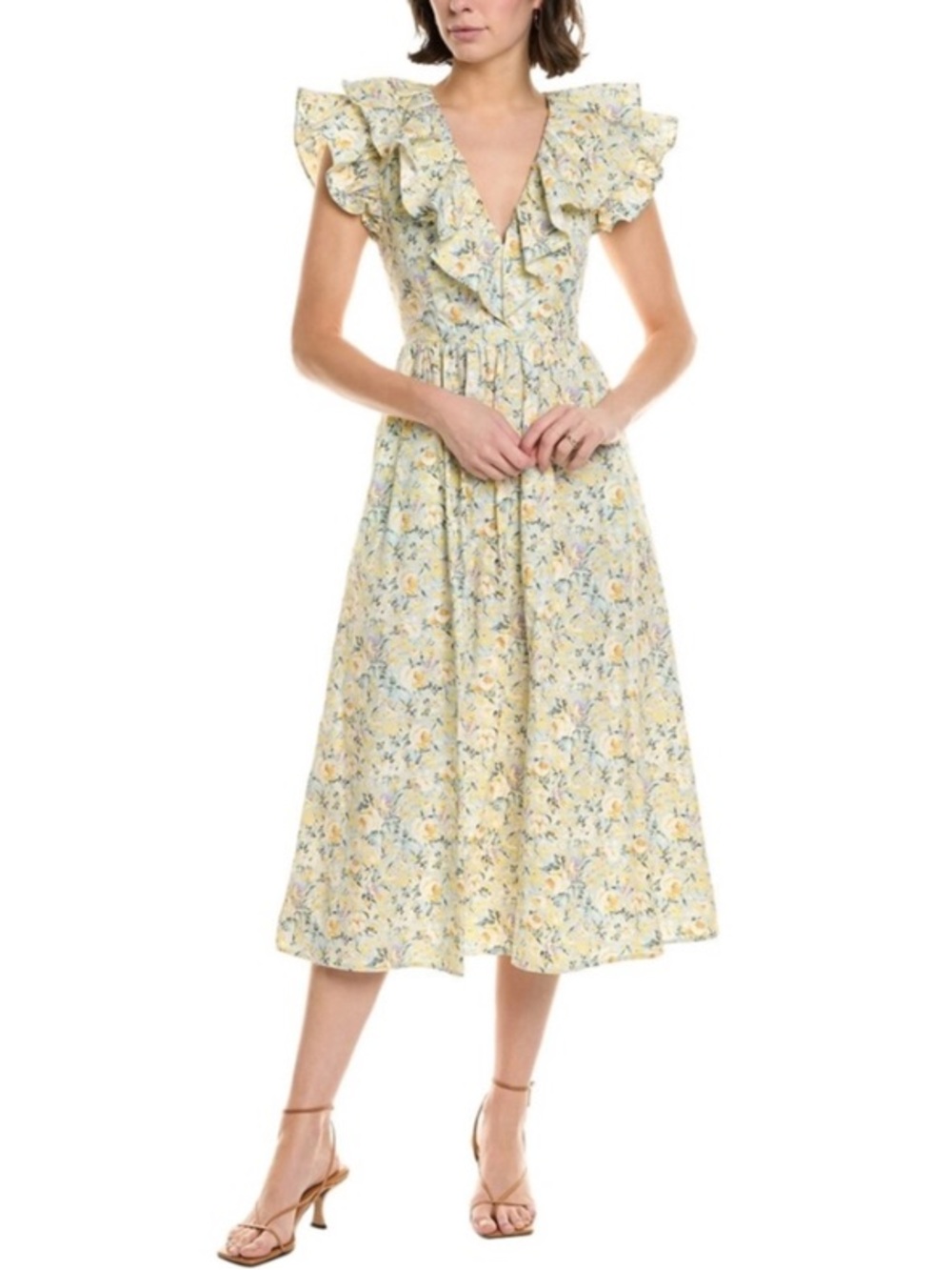 Yellow Floral Ruffle V-Neck Midi Dress - Women's